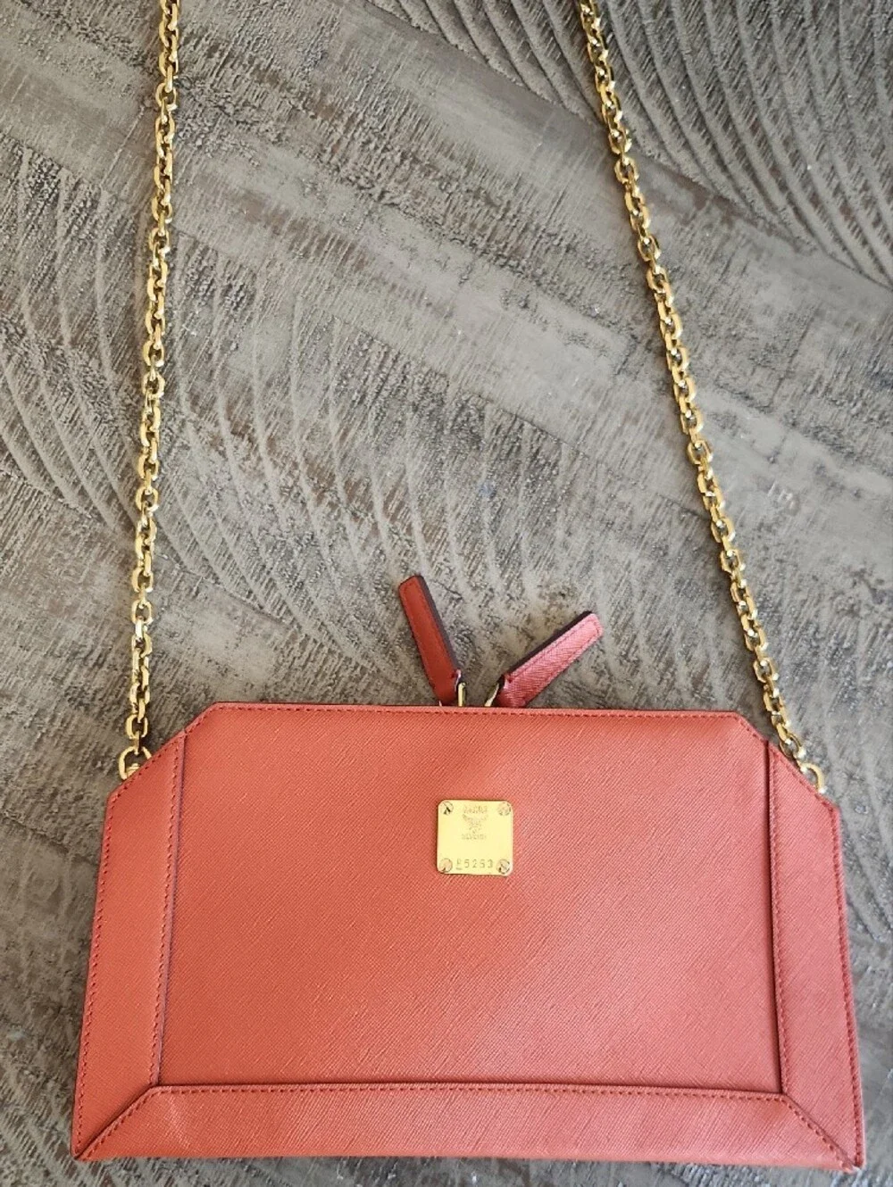MCM Orange Saffiano Leather Satchel with Gold Chain Accent-FALL!